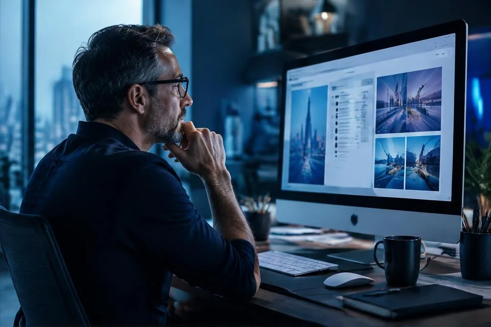 A professional reviewing organized digital information on a large desktop screen
