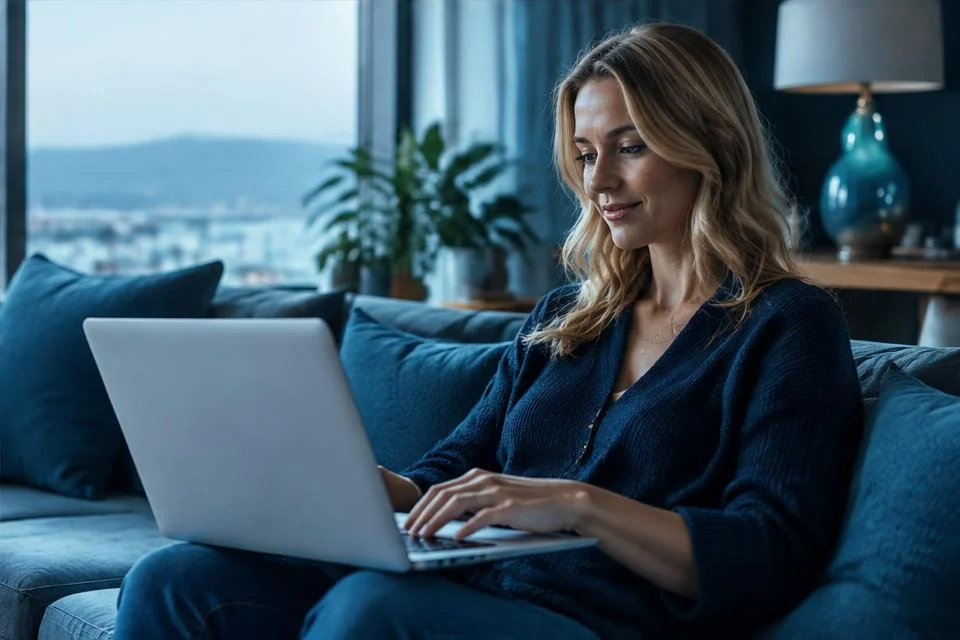 An adult comfortably reviewing information on a laptop at home