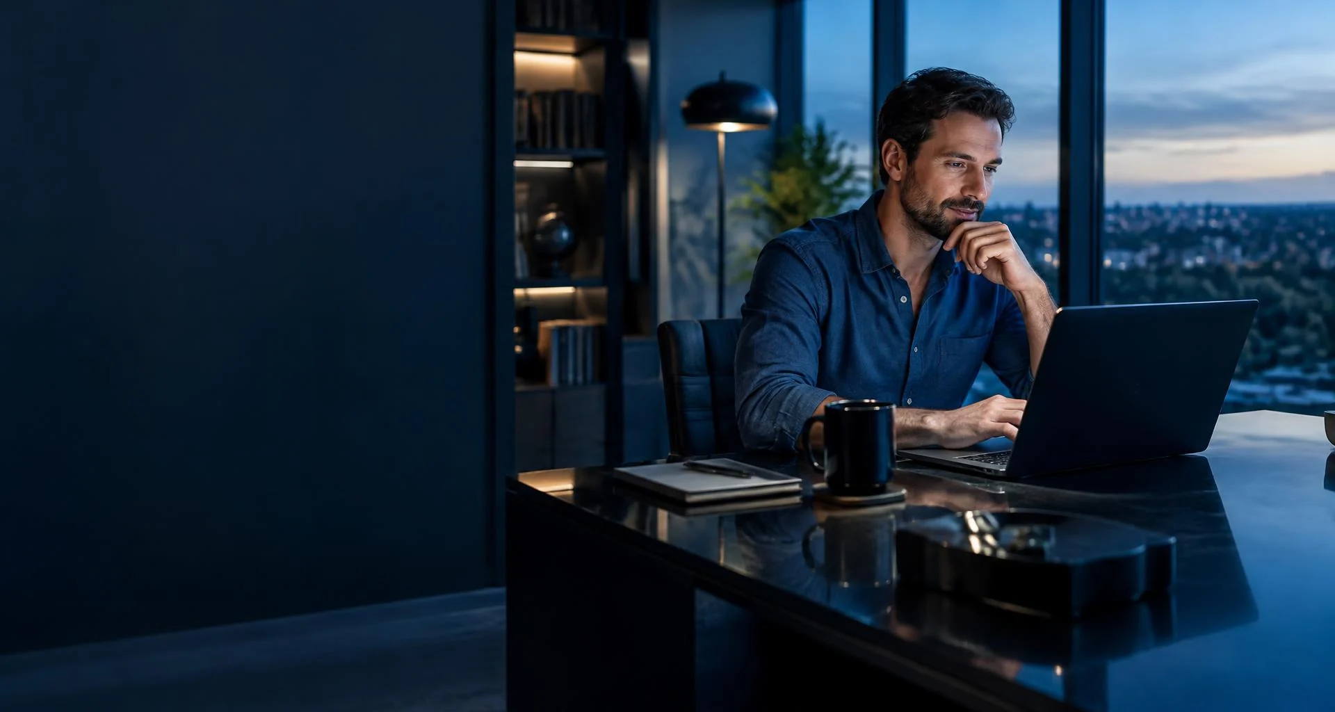 An adult thoughtfully reviewing online information on a laptop in a modern home office