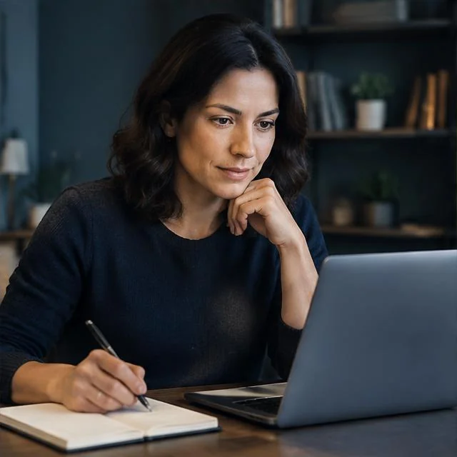 Illustrative scene: a person reviewing service details and notes