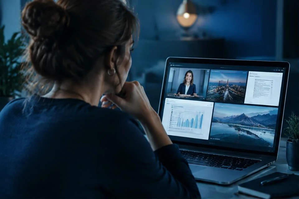 A woman comparing multiple information sources on her laptop